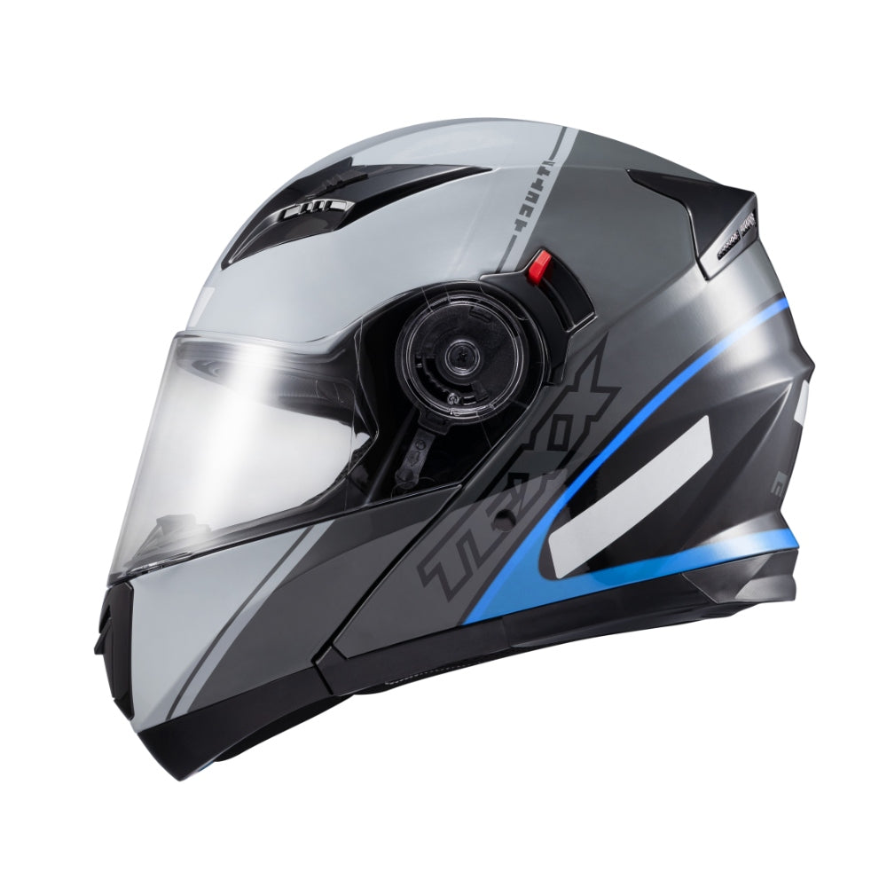Capacete Texx Gladiator V3 Makan | Escamoteável | Cinza e Azul Brilhoso