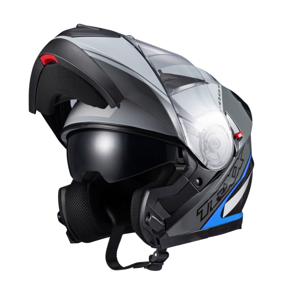 Capacete Texx Gladiator V3 Makan | Escamoteável | Cinza e Azul Brilhoso