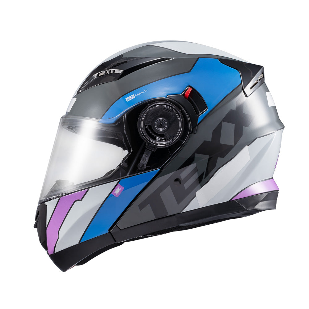 Capacete Texx Gladiator V3 Reisen | Escamoteável | Azul, Rosa e Branco Brilhoso