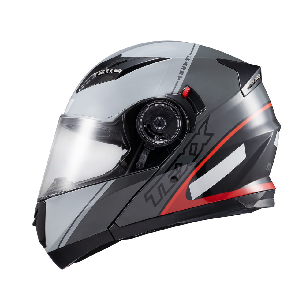 Capacete Texx Gladiator V3 Makan | Escamoteável | Cinza e Vermelho Brilho