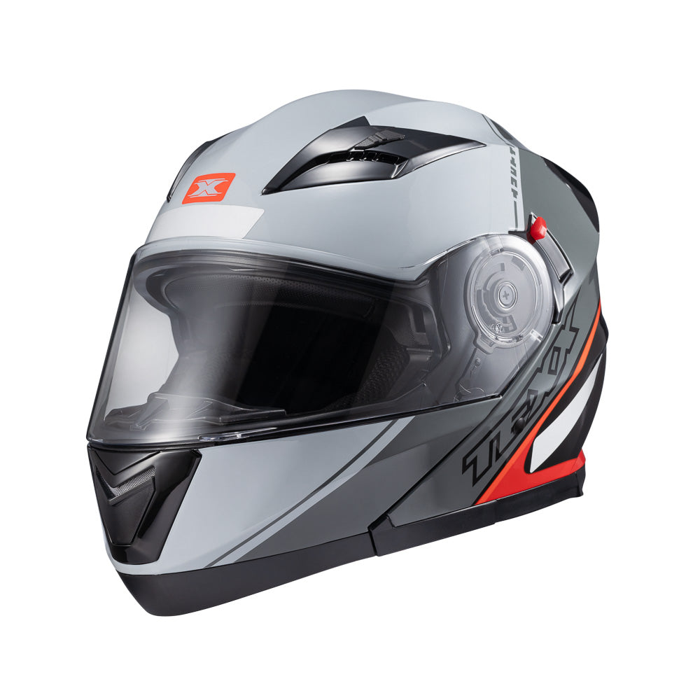 Capacete Texx Gladiator V3 Makan | Escamoteável | Cinza e Vermelho Brilho