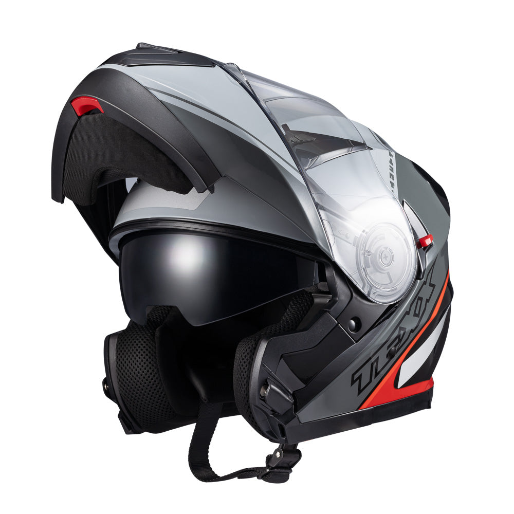 Capacete Texx Gladiator V3 Makan | Escamoteável | Cinza e Vermelho Brilho