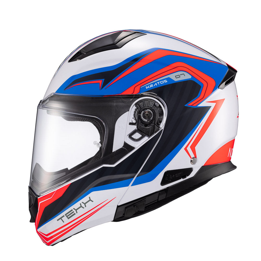 Capacete Texx Kratos Nomade | Escamoteável | Branco, Azul e Vermelho Brilhoso