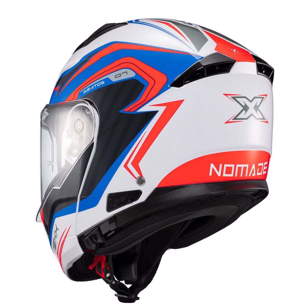 Capacete Texx Kratos Nomade | Escamoteável | Branco, Azul e Vermelho Brilhoso