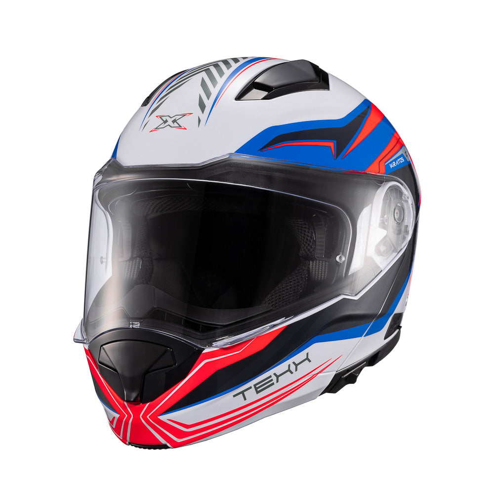 Capacete Texx Kratos Nomade | Escamoteável | Branco, Azul e Vermelho Brilhoso