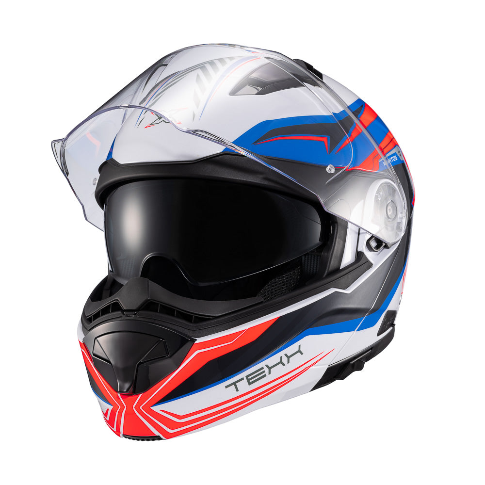 Capacete Texx Kratos Nomade | Escamoteável | Branco, Azul e Vermelho Brilhoso