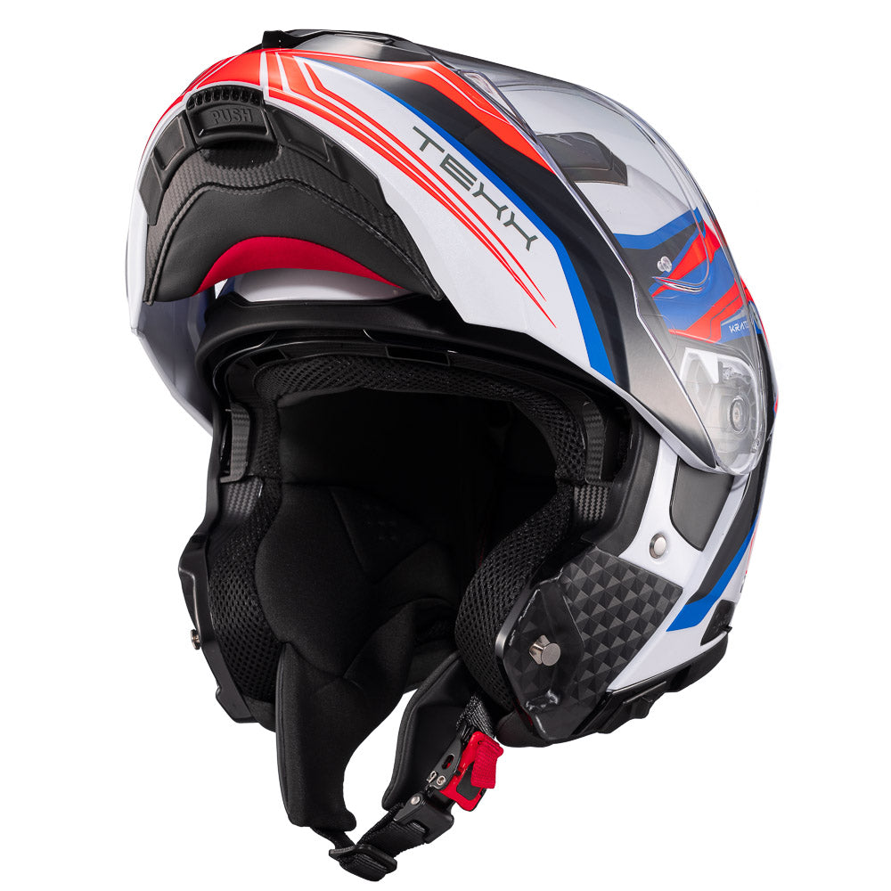 Capacete Texx Kratos Nomade | Escamoteável | Branco, Azul e Vermelho Brilhoso
