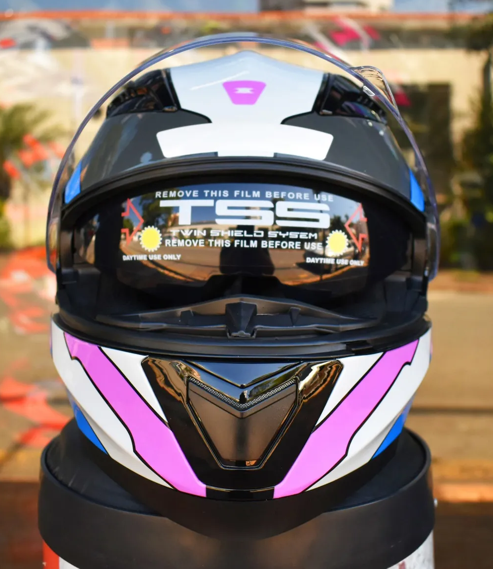 Capacete Texx Gladiator V3 Reisen | Escamoteável | Azul, Rosa e Branco Brilhoso
