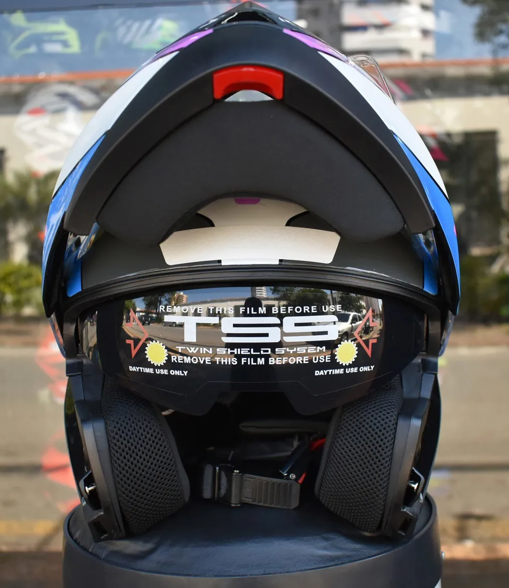 Capacete Texx Gladiator V3 Reisen | Escamoteável | Azul, Rosa e Branco Brilhoso