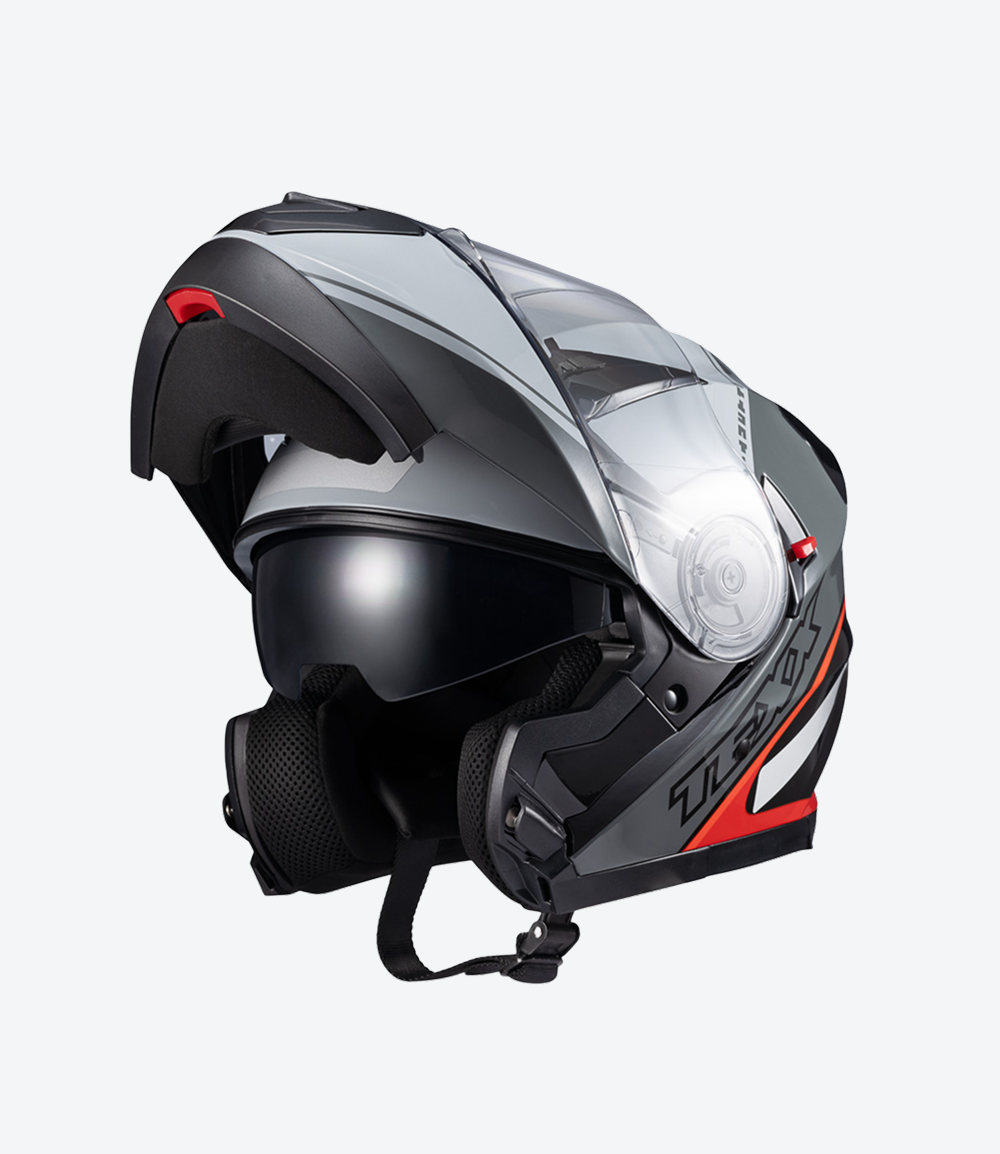 Capacete Texx Gladiator V3 Makan | Escamoteável | Cinza e Vermelho Brilho