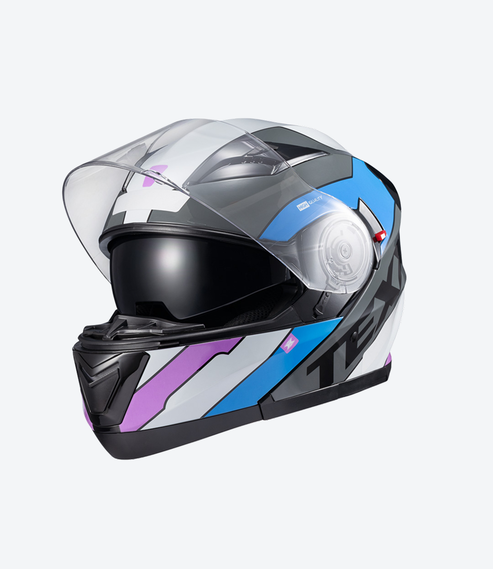 Capacete Texx Gladiator V3 Reisen | Escamoteável | Azul, Rosa e Branco Brilhoso