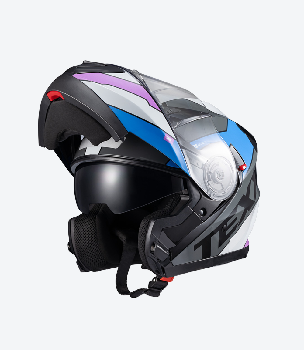 Capacete Texx Gladiator V3 Reisen | Escamoteável | Azul, Rosa e Branco Brilhoso