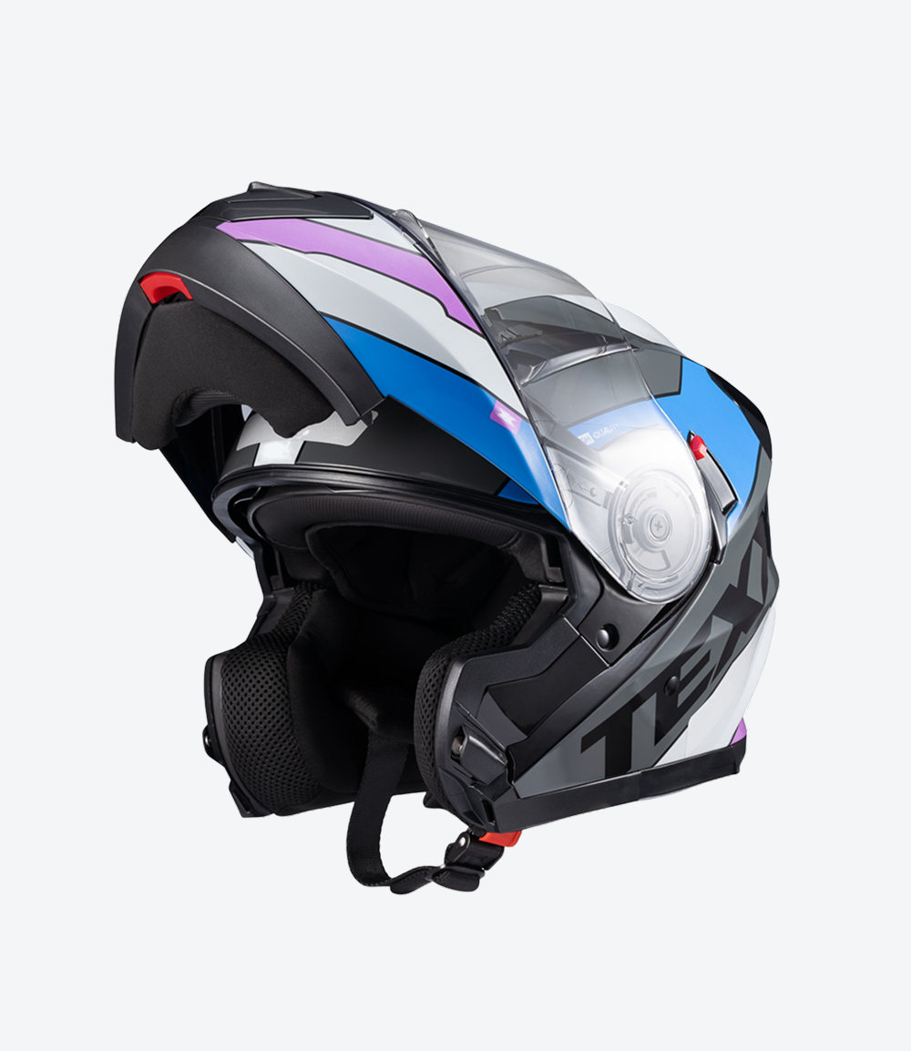 Capacete Texx Gladiator V3 Reisen | Escamoteável | Azul, Rosa e Branco Brilhoso