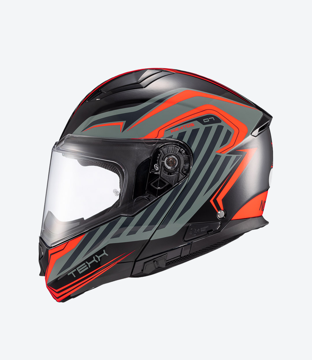 Capacete Texx Kratos Nomade | Escamoteável | Preto, Vermelho e Cinza Brilhoso