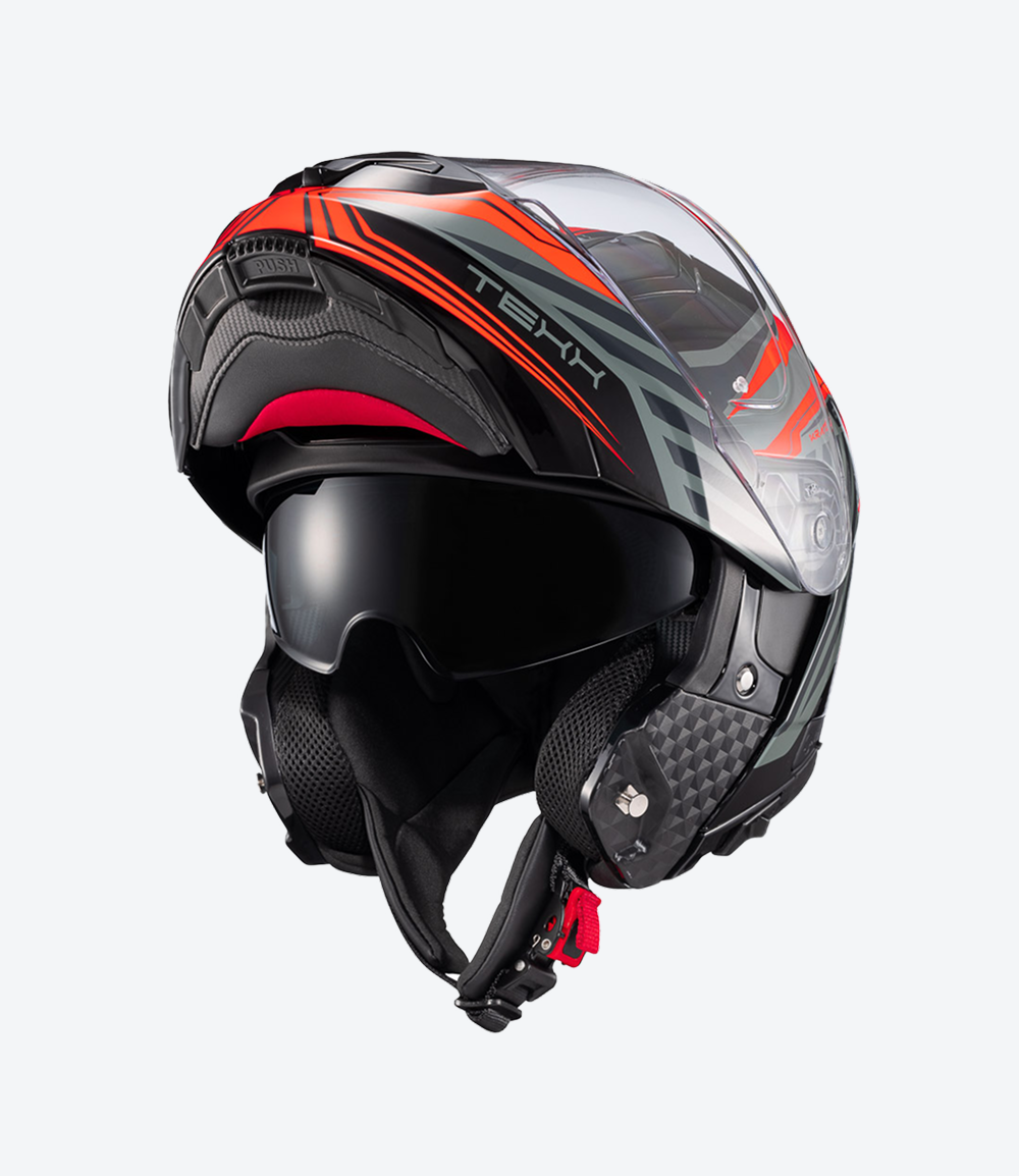 Capacete Texx Kratos Nomade | Escamoteável | Preto, Vermelho e Cinza Brilhoso