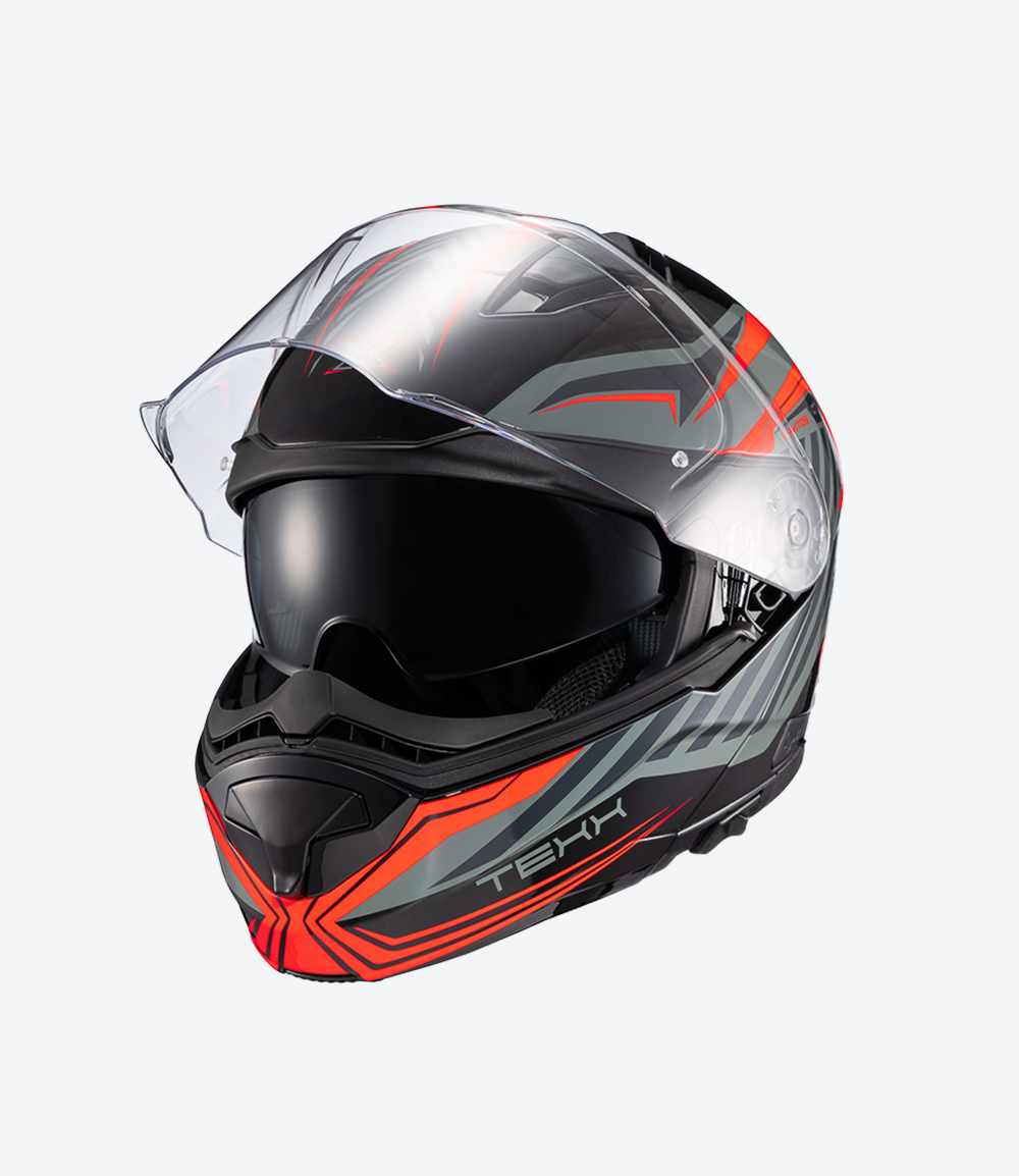 Capacete Texx Kratos Nomade | Escamoteável | Preto, Vermelho e Cinza Brilhoso