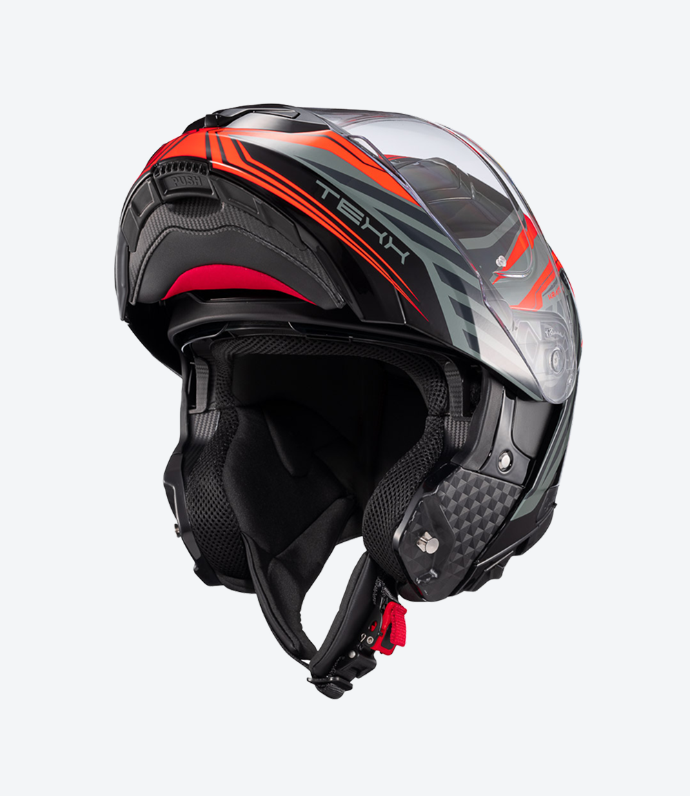 Capacete Texx Kratos Nomade | Escamoteável | Preto, Vermelho e Cinza Brilhoso