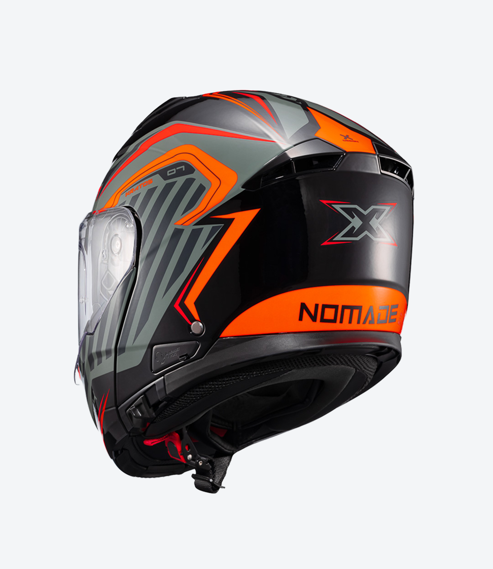 Capacete Texx Kratos Nomade | Escamoteável | Preto, Laranja e Cinza Brilhoso