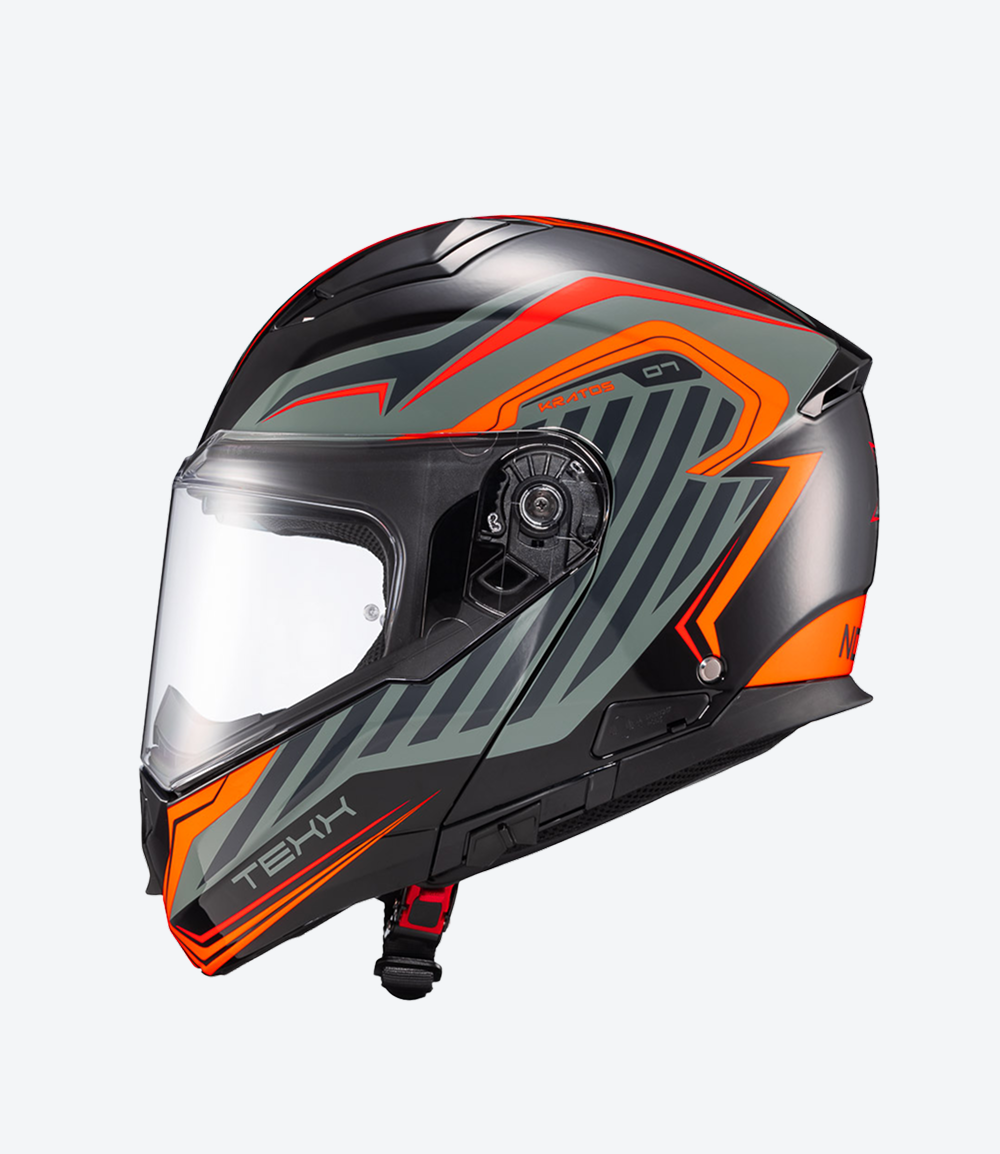Capacete Texx Kratos Nomade | Escamoteável | Preto, Laranja e Cinza Brilhoso