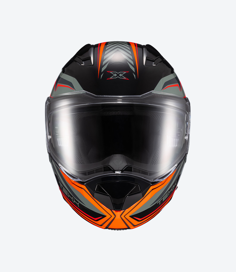 Capacete Texx Kratos Nomade | Escamoteável | Preto, Laranja e Cinza Brilhoso