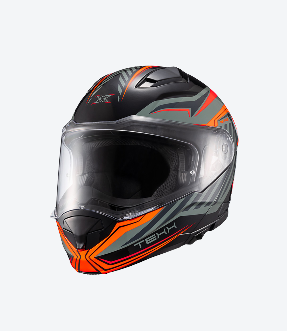 Capacete Texx Kratos Nomade | Escamoteável | Preto, Laranja e Cinza Brilhoso
