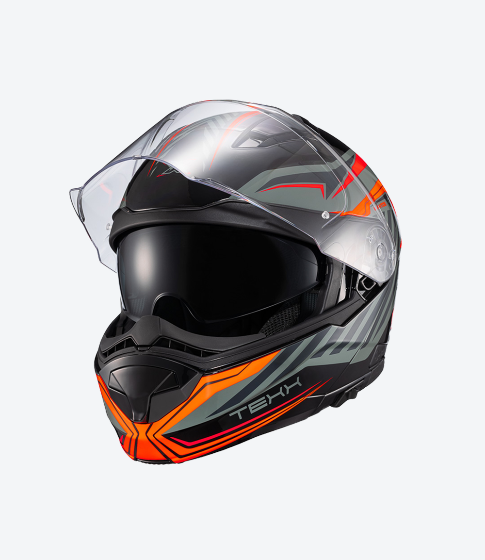 Capacete Texx Kratos Nomade | Escamoteável | Preto, Laranja e Cinza Brilhoso