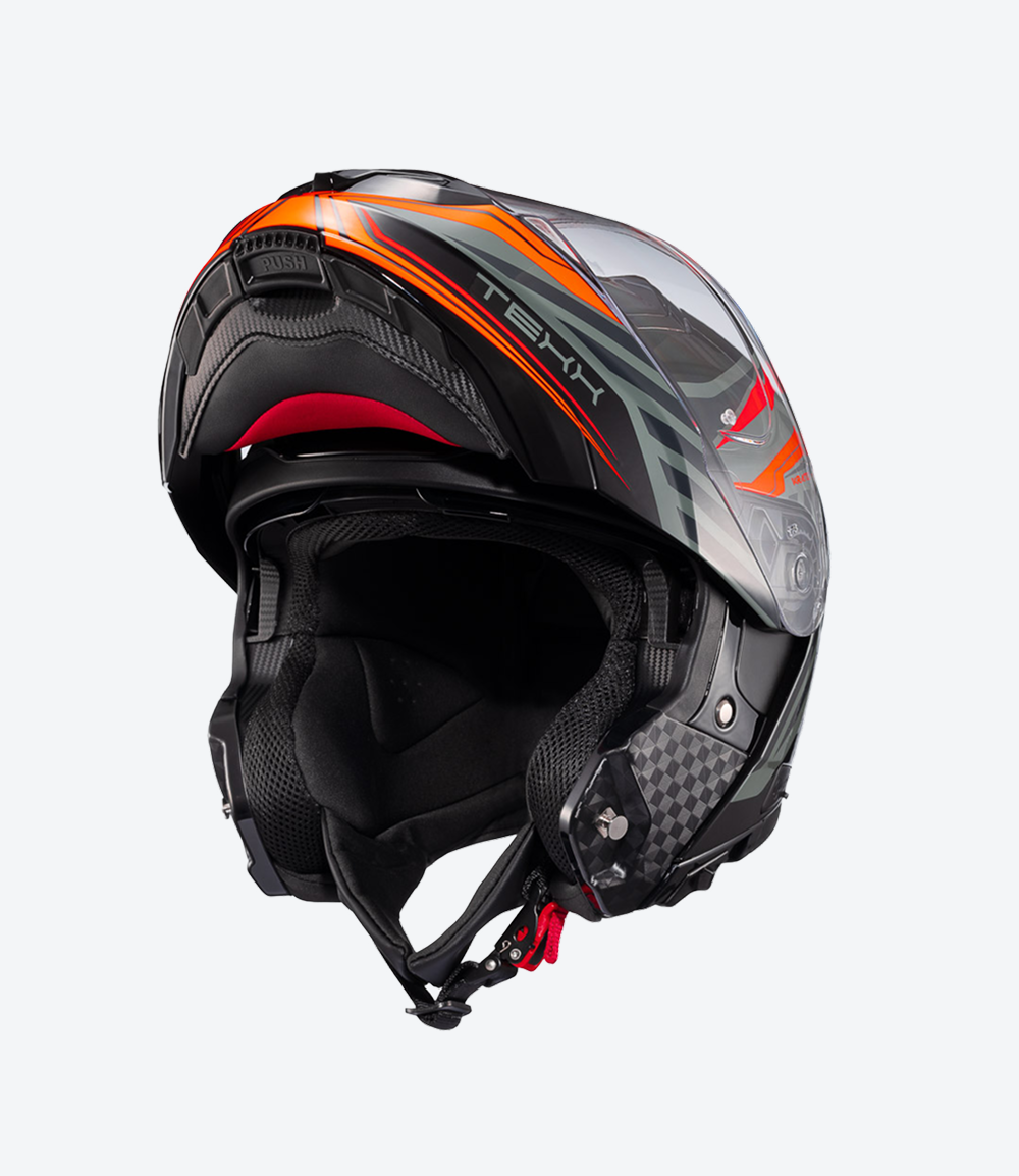 Capacete Texx Kratos Nomade | Escamoteável | Preto, Laranja e Cinza Brilhoso