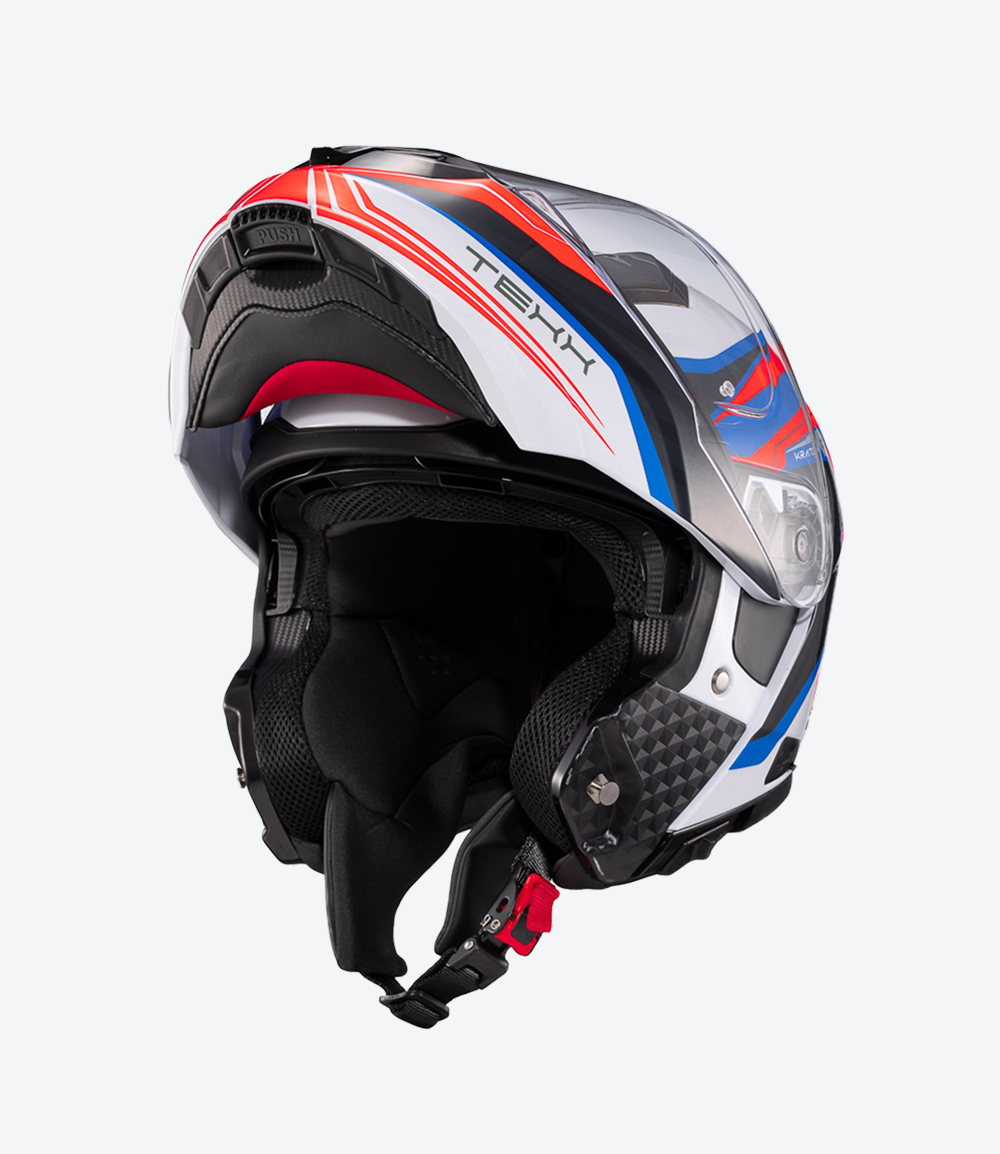 Capacete Texx Kratos Nomade | Escamoteável | Branco, Azul e Vermelho Brilhoso