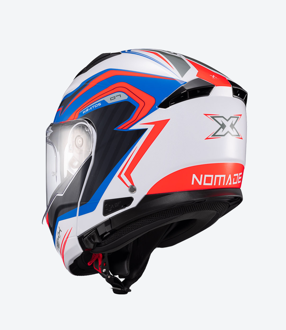 Capacete Texx Kratos Nomade | Escamoteável | Branco, Azul e Vermelho Brilhoso