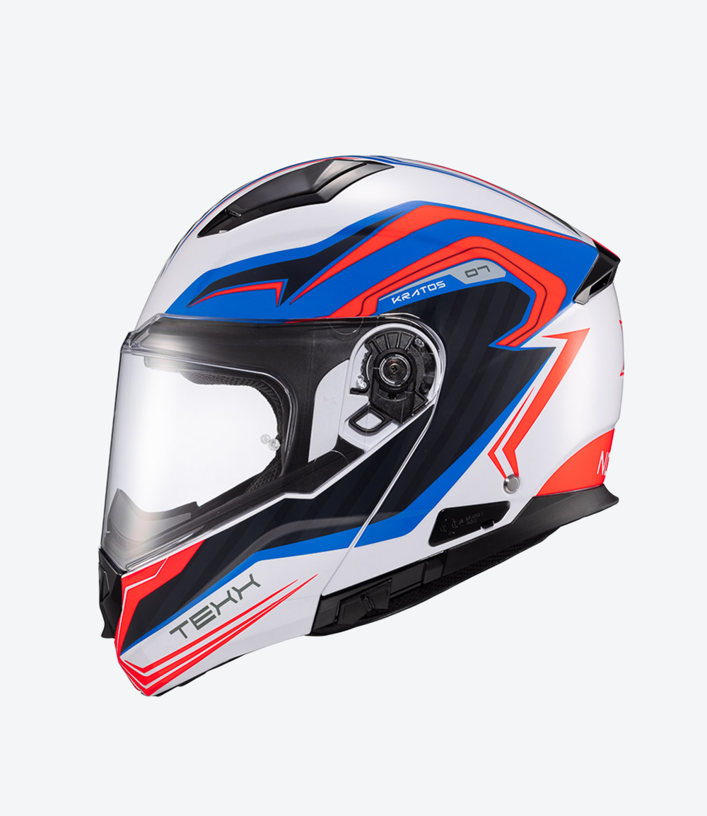 Capacete Texx Kratos Nomade | Escamoteável | Branco, Azul e Vermelho Brilhoso