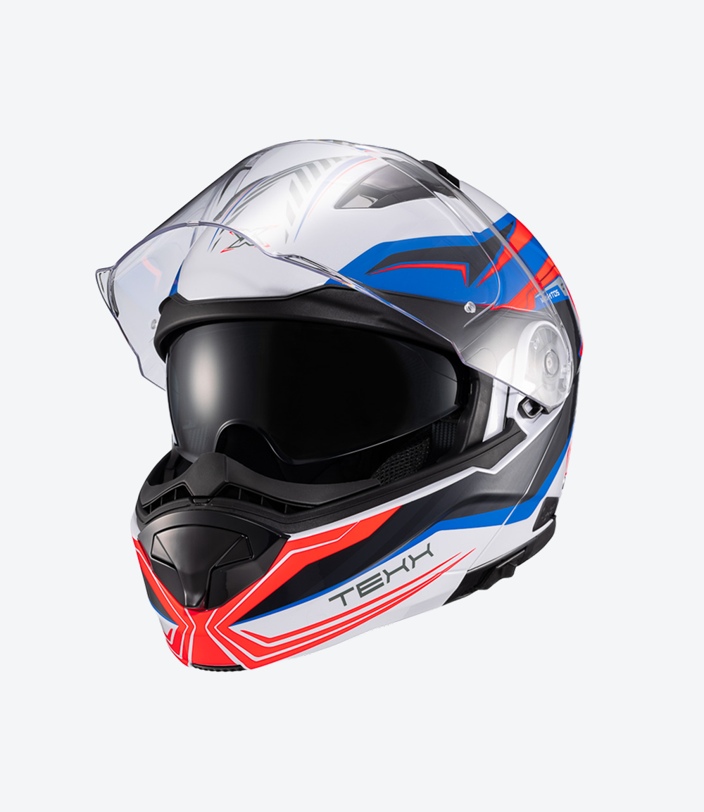Capacete Texx Kratos Nomade | Escamoteável | Branco, Azul e Vermelho Brilhoso