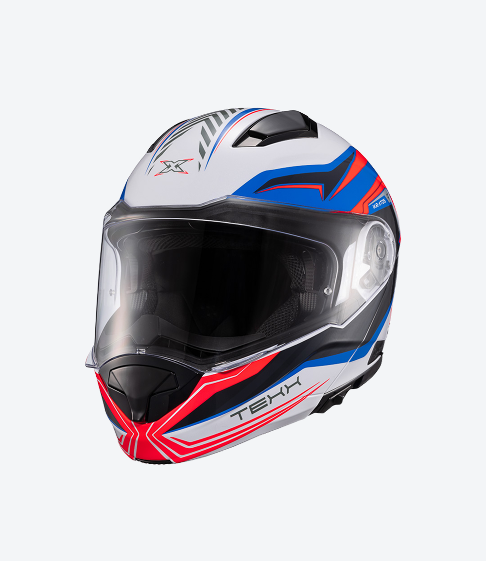Capacete Texx Kratos Nomade | Escamoteável | Branco, Azul e Vermelho Brilhoso